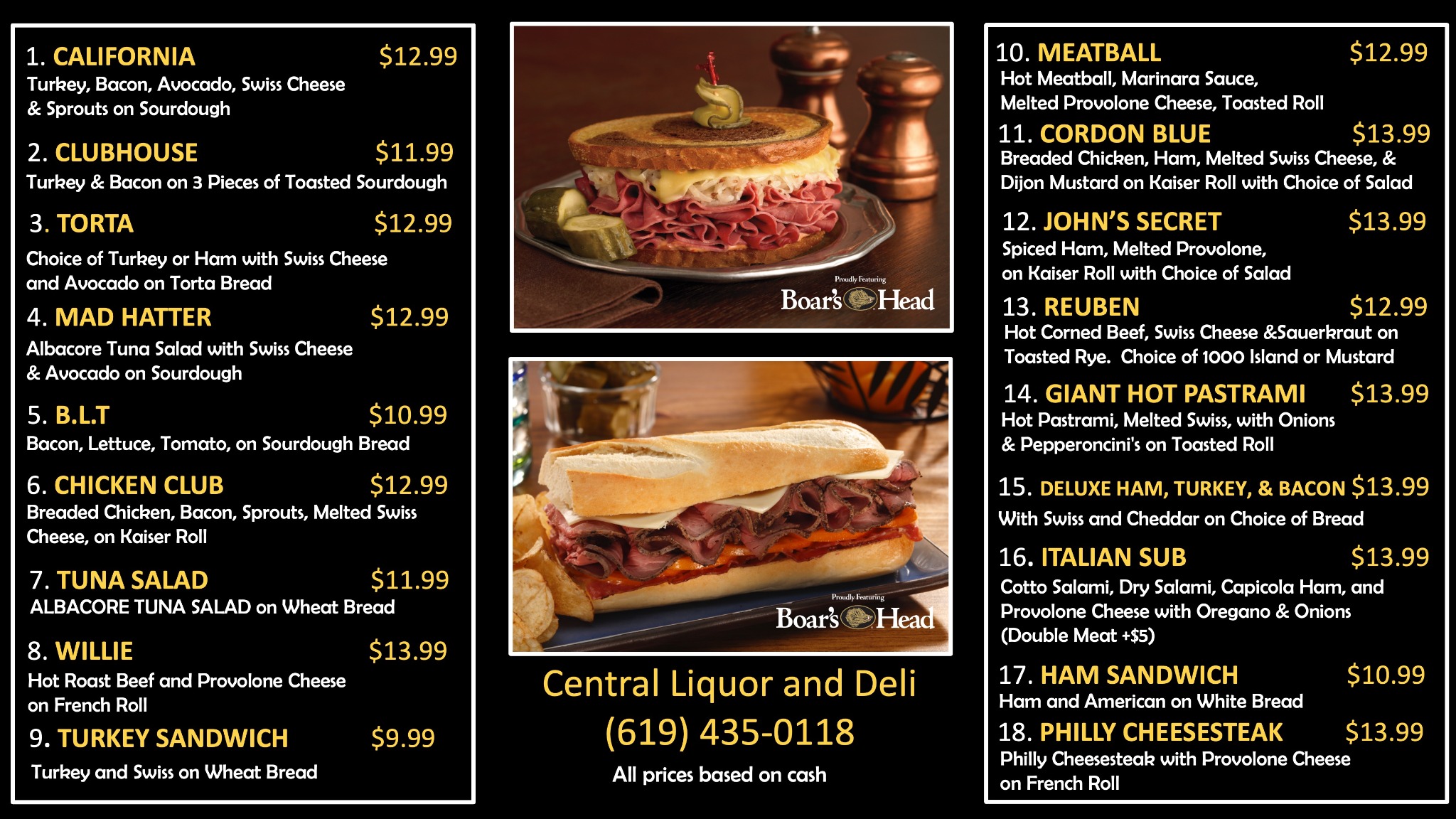 Central Liquor & Deli — Lunch Menu Page 1